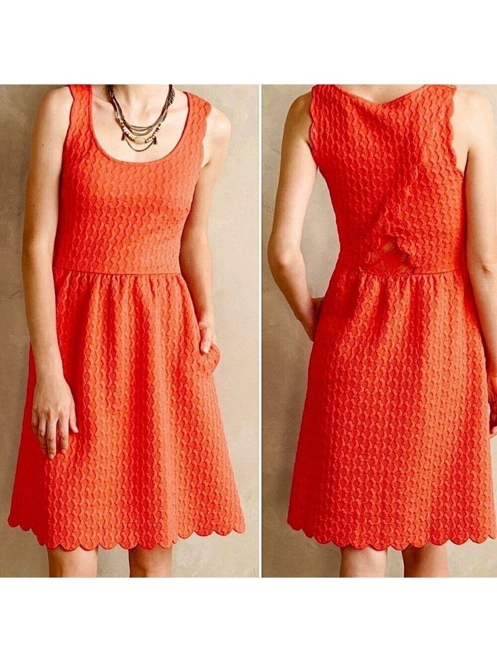 Anthropologie Maeve Dress Caye Scalloped Sz M Texture Lace Peep Hole Back